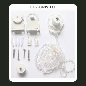 Roller blind mechanism, roller blind control, roller blind fitting material,