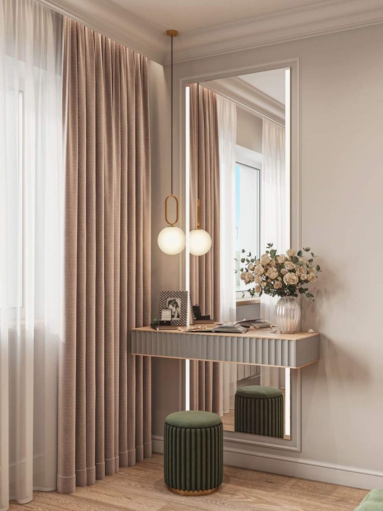 interior design, curtains with table,